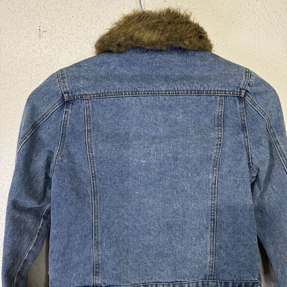 One Tuff Babe Denim Jacket Faux Fur Trim Blue Woman Size L Button Close - Picture 9 of 11